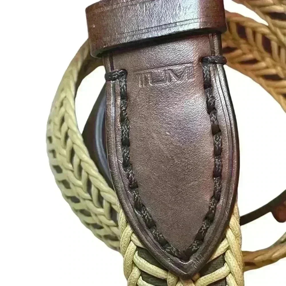 Tumi 35"-39”Belt Woven Cotton Cord Leather Brown Cream Silver Buckle Size 38 - Picture 2 of 10